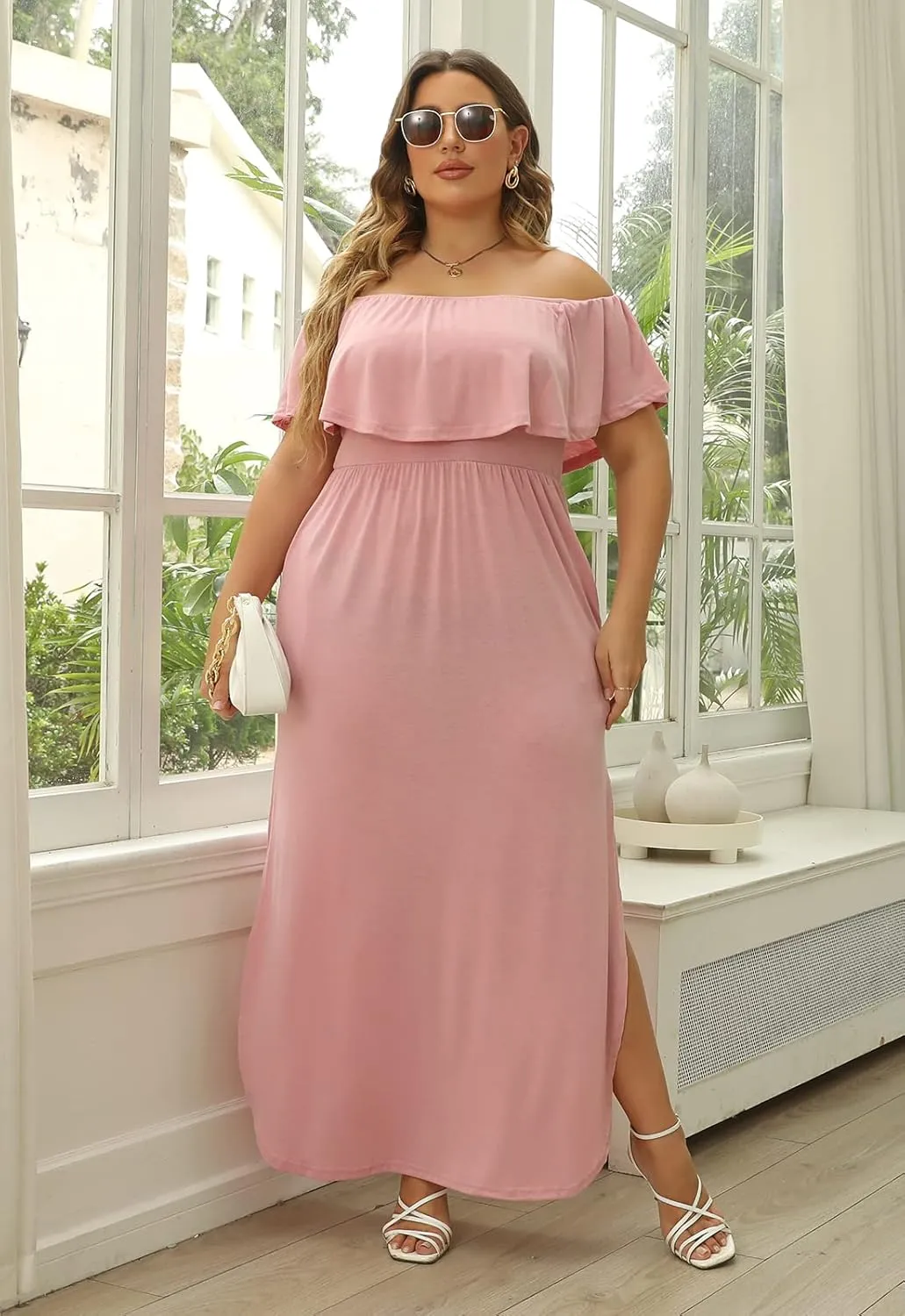 Nemidor Women's Upper Flounce Layer Off Shoulder Plus Size Slit Maxi Dress NEM200