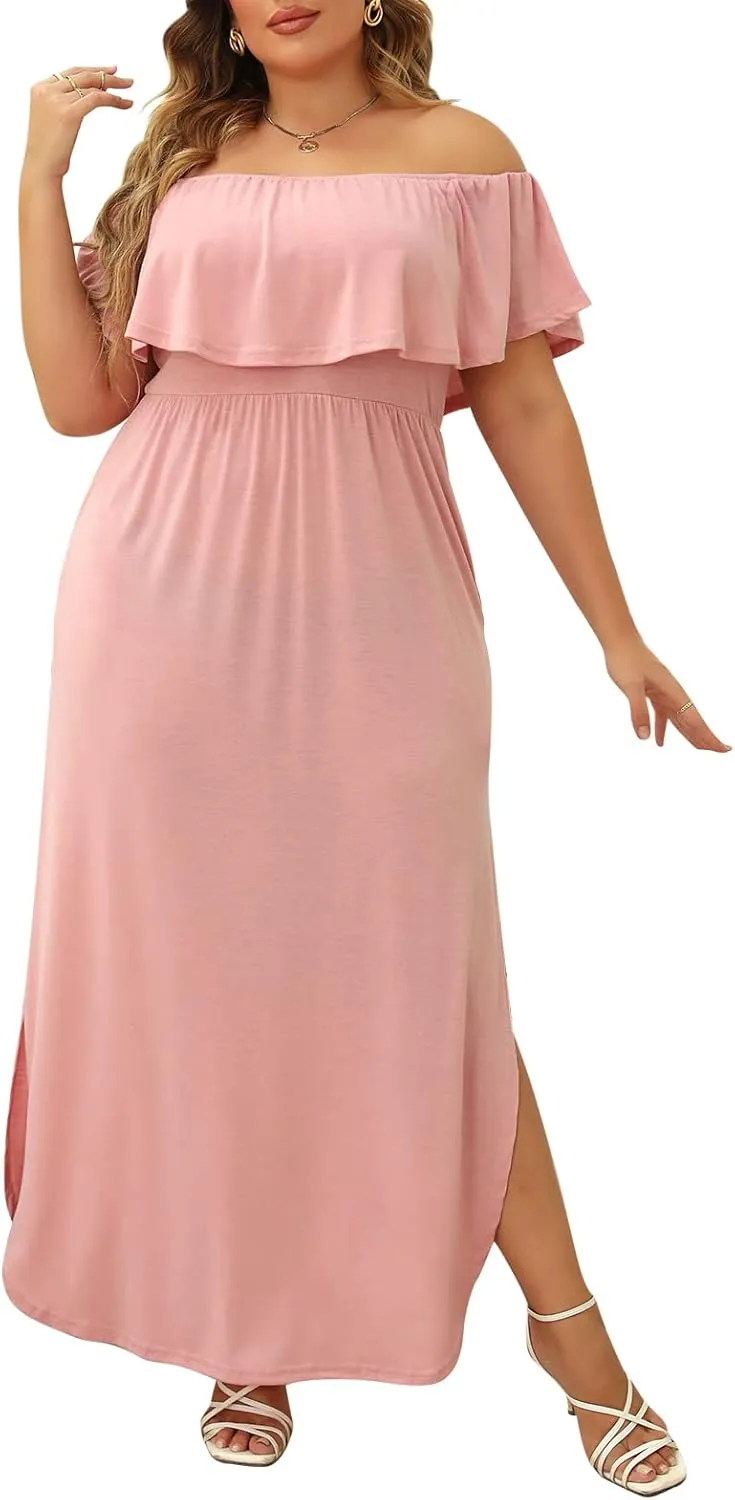 Nemidor Women's Upper Flounce Layer Off Shoulder Plus Size Slit Maxi Dress NEM200