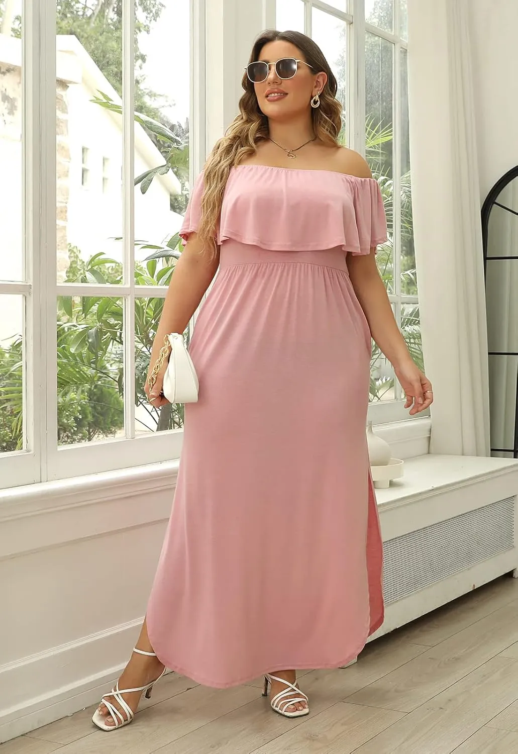 Nemidor Women's Upper Flounce Layer Off Shoulder Plus Size Slit Maxi Dress NEM200