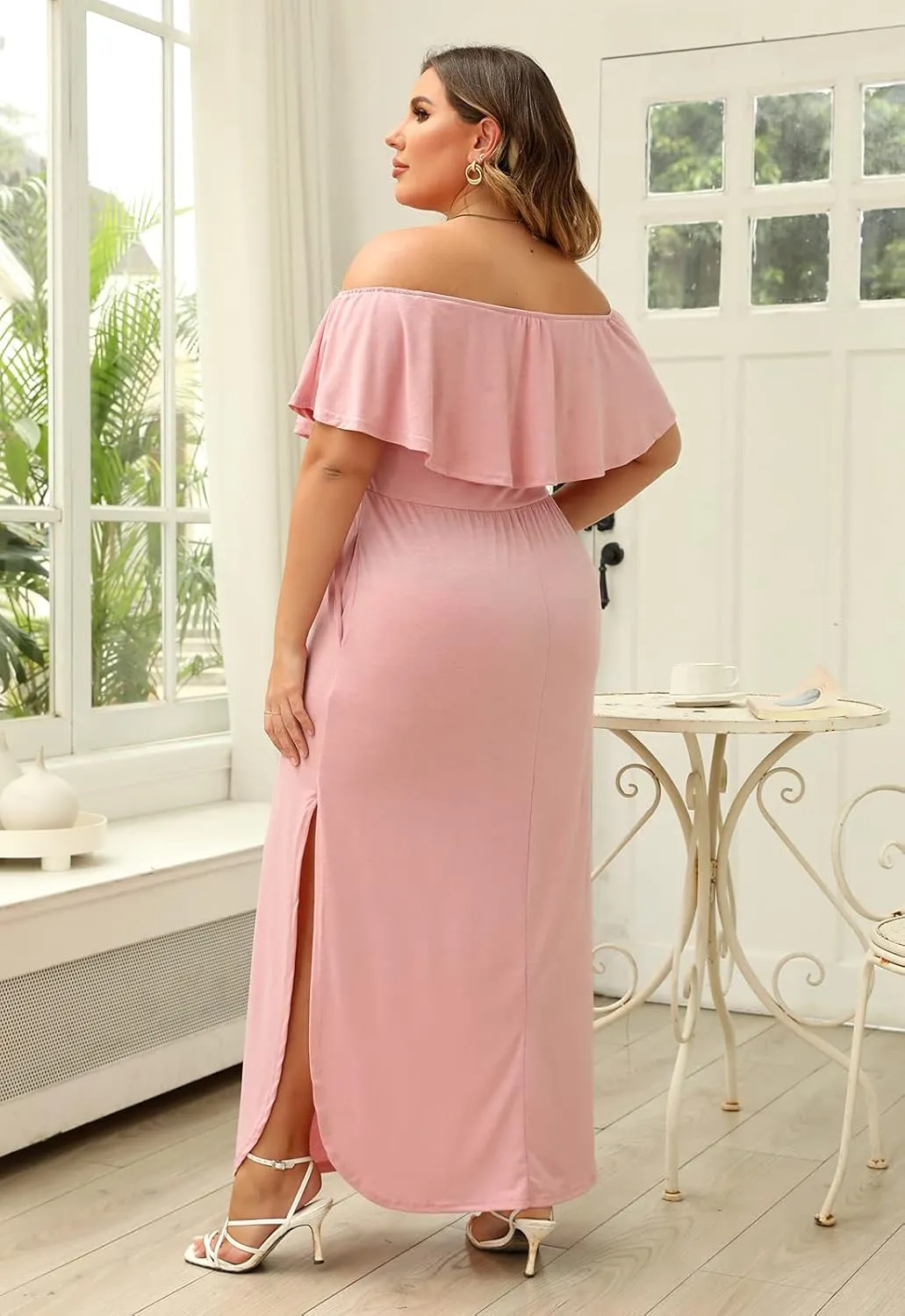 Nemidor Women's Upper Flounce Layer Off Shoulder Plus Size Slit Maxi Dress NEM200