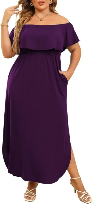 Nemidor Women's Upper Flounce Layer Off Shoulder Plus Size Slit Maxi Dress NEM200
