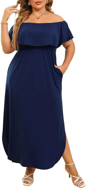 Nemidor Women's Upper Flounce Layer Off Shoulder Plus Size Slit Maxi Dress NEM200