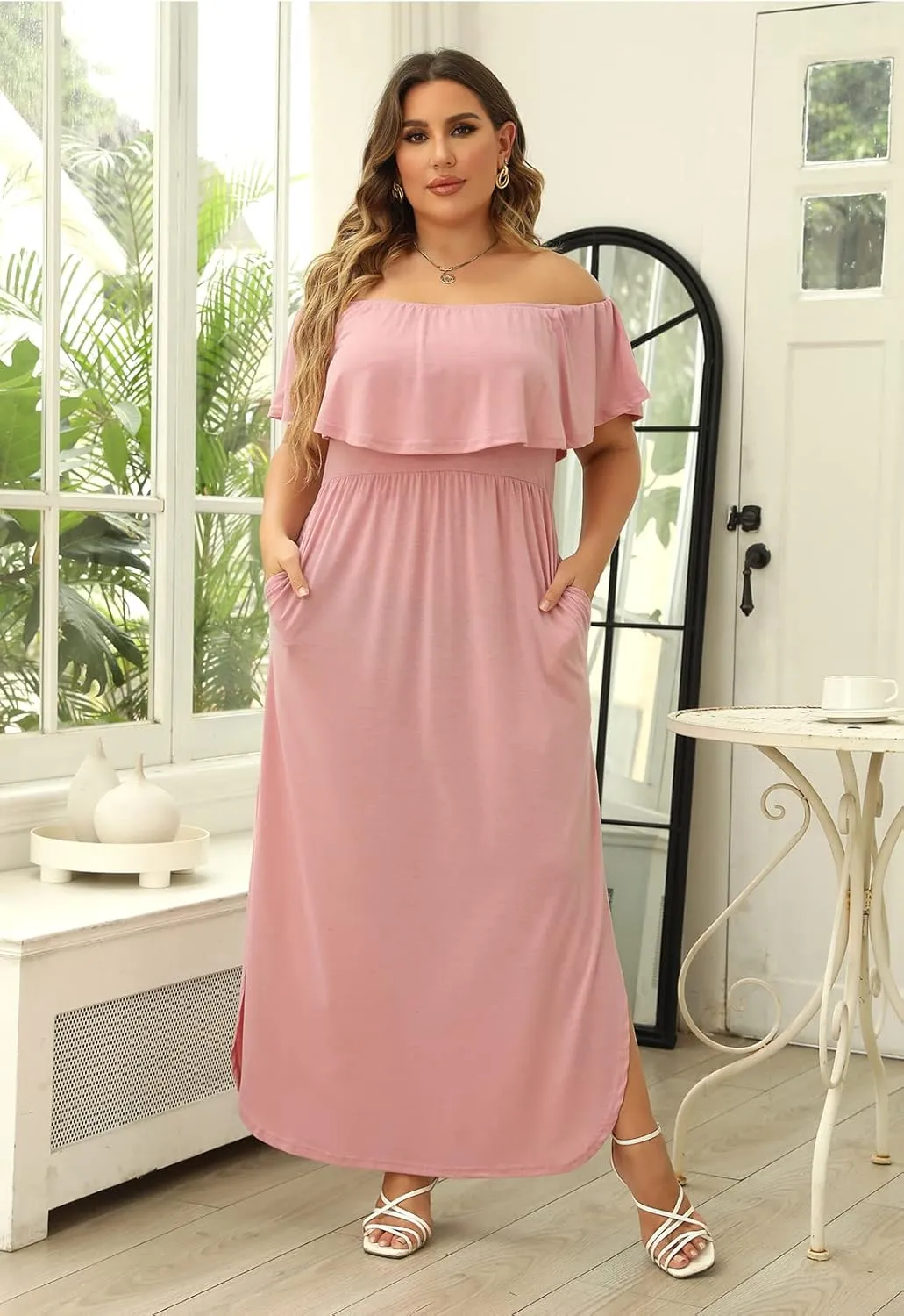 Nemidor Women's Upper Flounce Layer Off Shoulder Plus Size Slit Maxi Dress NEM200