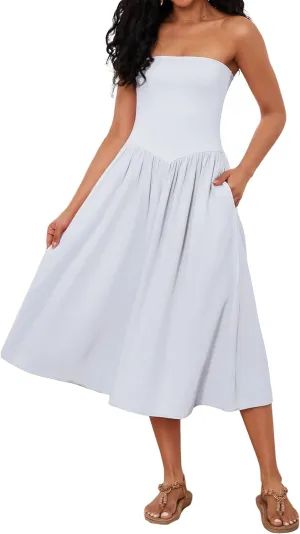 OLAPTA Women Strapless Tube Top Maxi Dresses Patchwork Casual Sleeveless Backless Dresses Swing Basic Solid Dress with Pocket