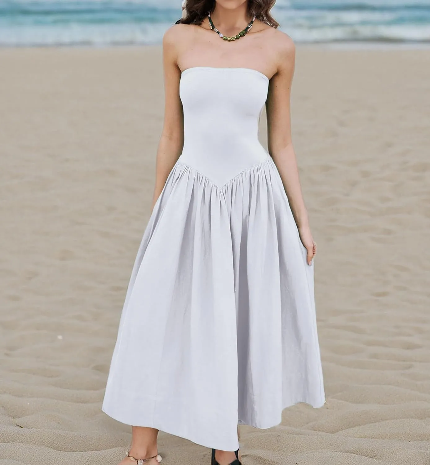 OLAPTA Women Strapless Tube Top Maxi Dresses Patchwork Casual Sleeveless Backless Dresses Swing Basic Solid Dress with Pocket