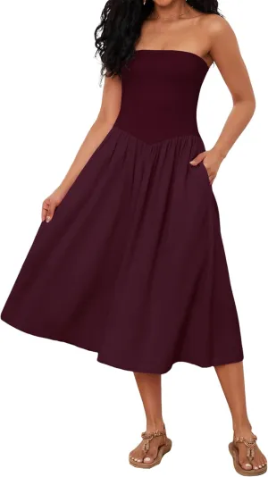 OLAPTA Women Strapless Tube Top Maxi Dresses Patchwork Casual Sleeveless Backless Dresses Swing Basic Solid Dress with Pocket