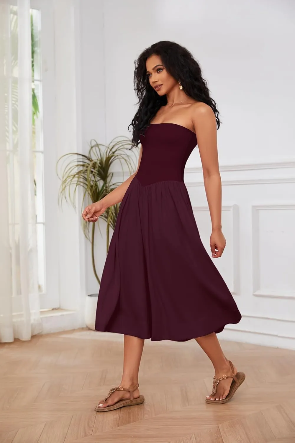 OLAPTA Women Strapless Tube Top Maxi Dresses Patchwork Casual Sleeveless Backless Dresses Swing Basic Solid Dress with Pocket