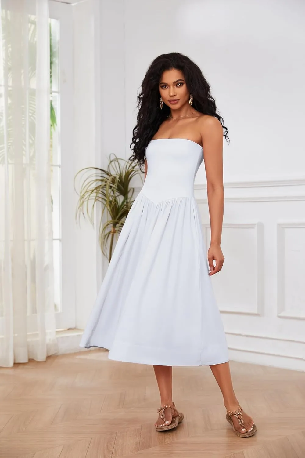 OLAPTA Women Strapless Tube Top Maxi Dresses Patchwork Casual Sleeveless Backless Dresses Swing Basic Solid Dress with Pocket