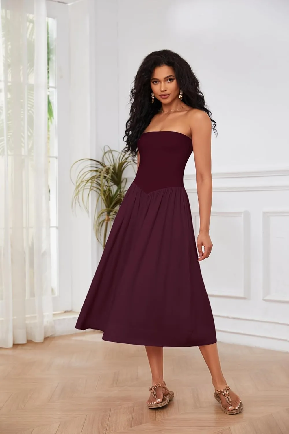 OLAPTA Women Strapless Tube Top Maxi Dresses Patchwork Casual Sleeveless Backless Dresses Swing Basic Solid Dress with Pocket