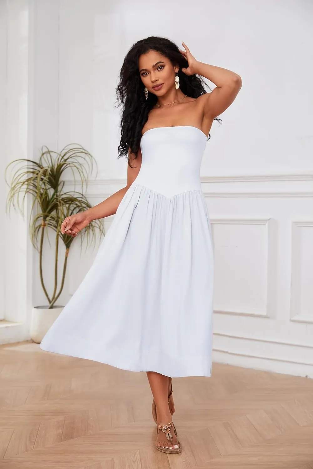OLAPTA Women Strapless Tube Top Maxi Dresses Patchwork Casual Sleeveless Backless Dresses Swing Basic Solid Dress with Pocket