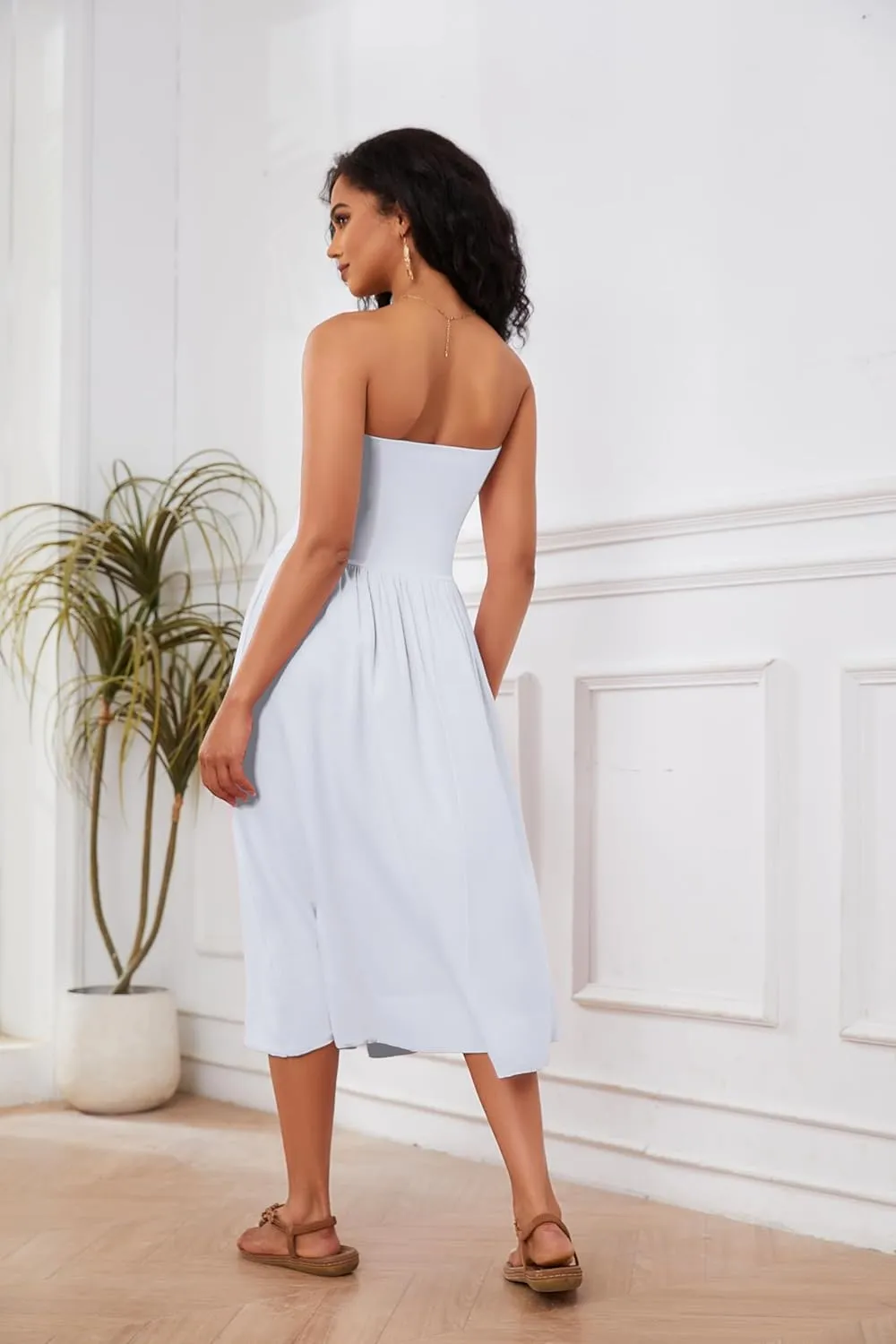 OLAPTA Women Strapless Tube Top Maxi Dresses Patchwork Casual Sleeveless Backless Dresses Swing Basic Solid Dress with Pocket