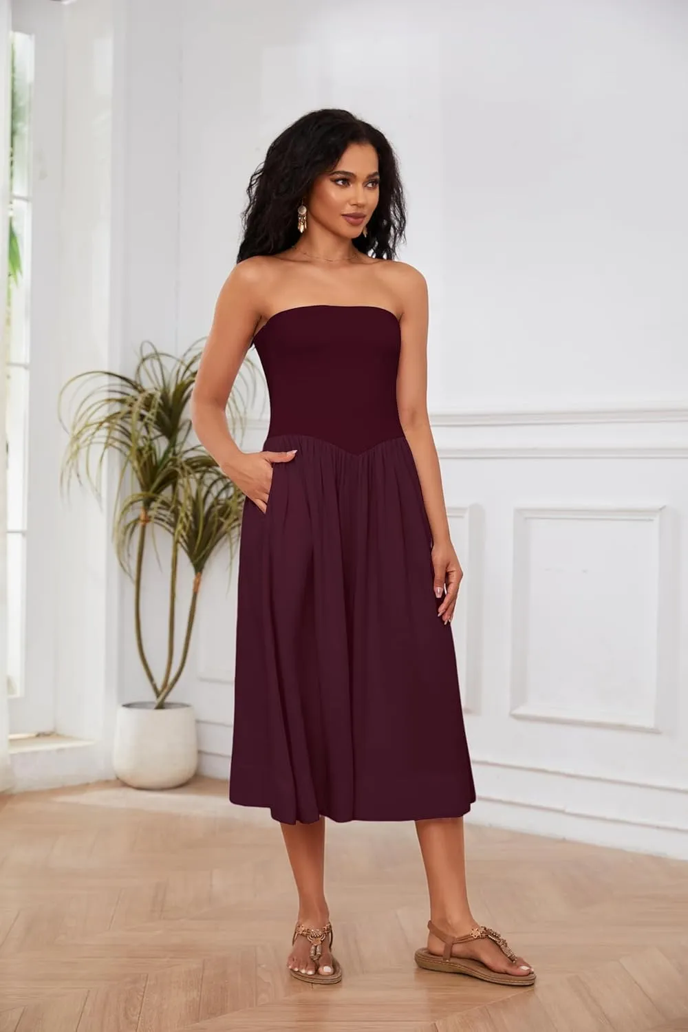 OLAPTA Women Strapless Tube Top Maxi Dresses Patchwork Casual Sleeveless Backless Dresses Swing Basic Solid Dress with Pocket
