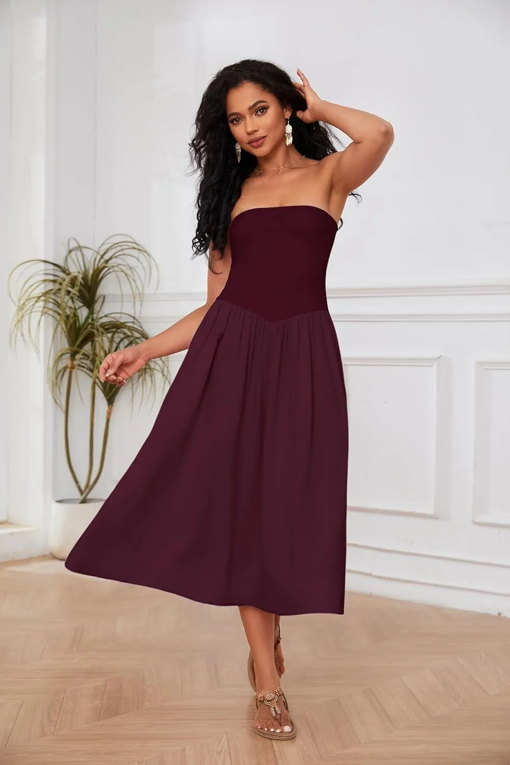 OLAPTA Women Strapless Tube Top Maxi Dresses Patchwork Casual Sleeveless Backless Dresses Swing Basic Solid Dress with Pocket