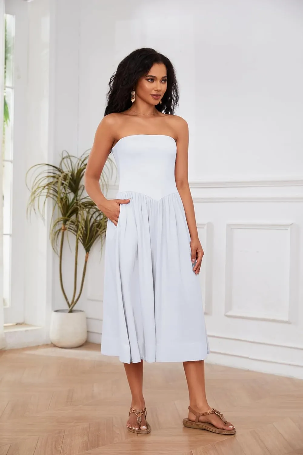 OLAPTA Women Strapless Tube Top Maxi Dresses Patchwork Casual Sleeveless Backless Dresses Swing Basic Solid Dress with Pocket