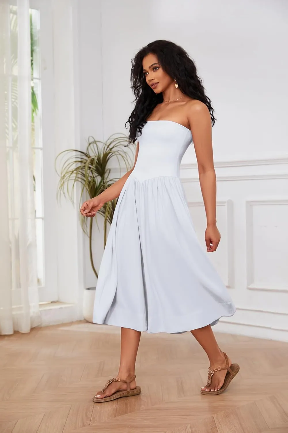 OLAPTA Women Strapless Tube Top Maxi Dresses Patchwork Casual Sleeveless Backless Dresses Swing Basic Solid Dress with Pocket