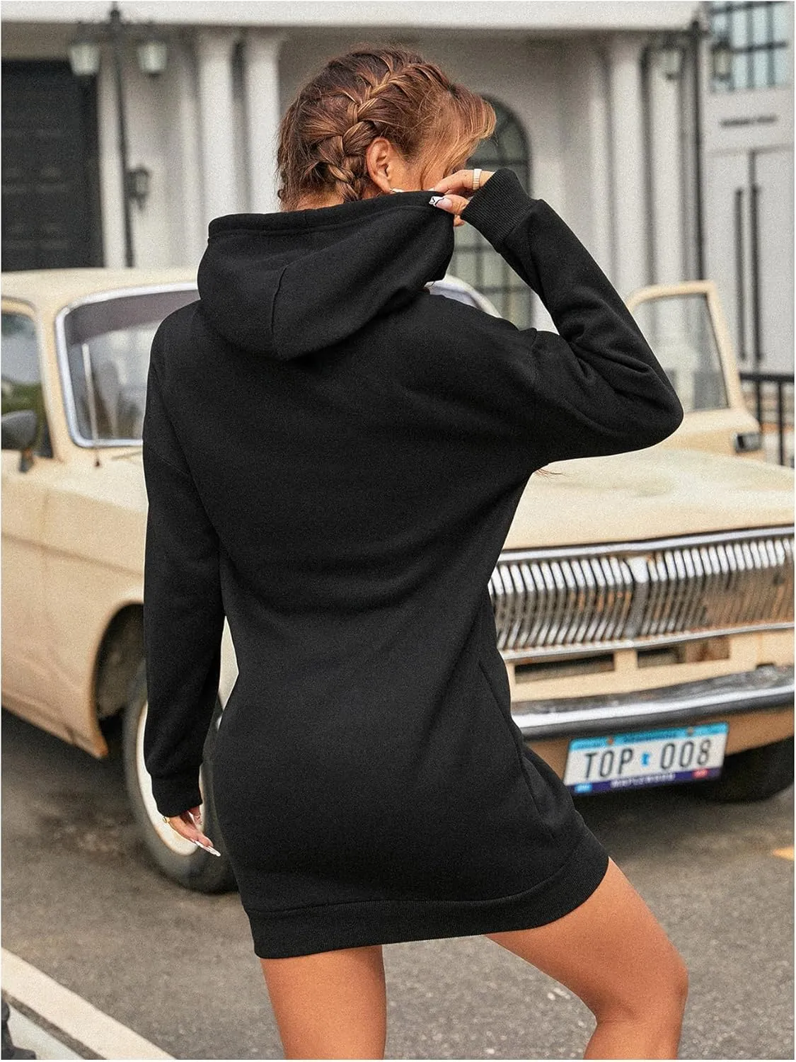 OYOANGLE Women's Drawstring Long Sleeve Drop Shoulder Hooded Dress Solid Casual Short Sweatshirt Dresses