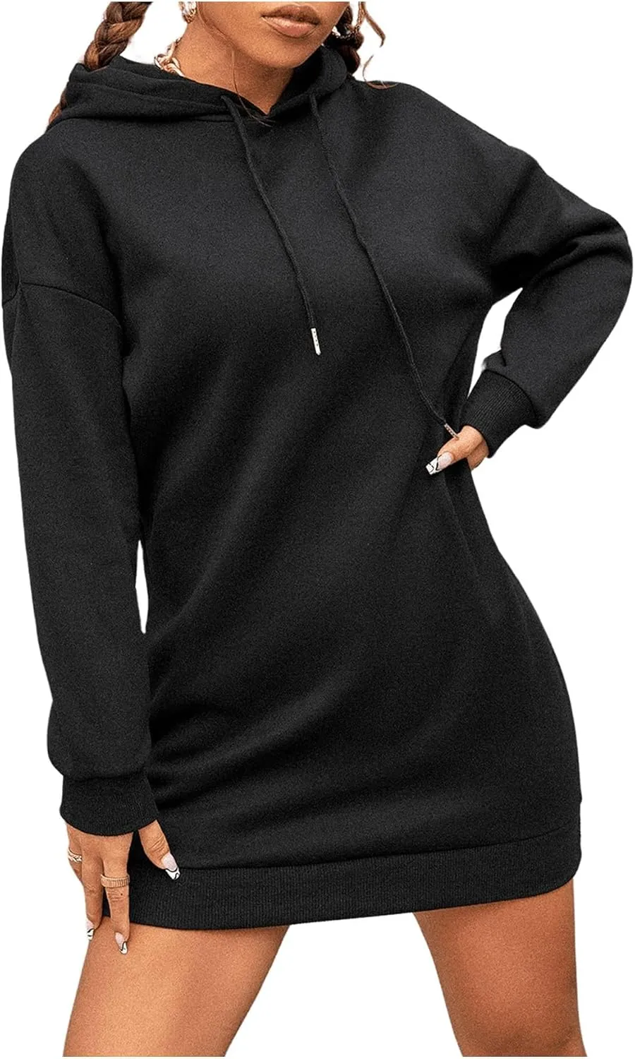 OYOANGLE Women's Drawstring Long Sleeve Drop Shoulder Hooded Dress Solid Casual Short Sweatshirt Dresses
