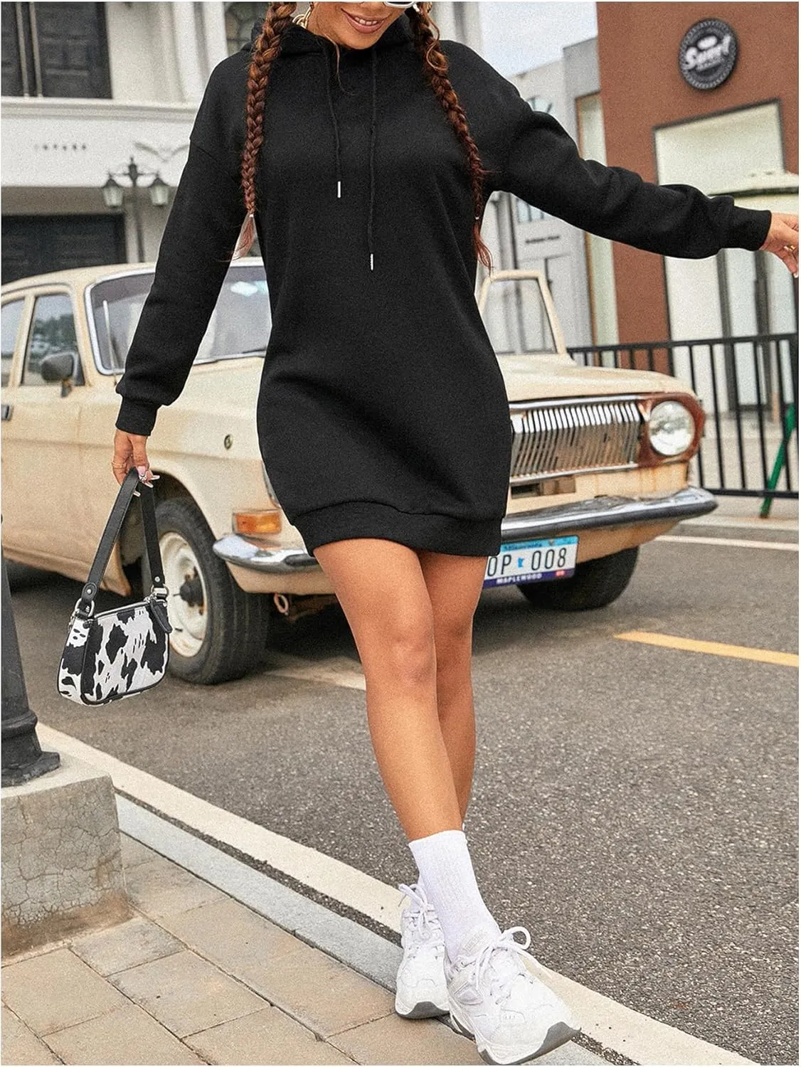 OYOANGLE Women's Drawstring Long Sleeve Drop Shoulder Hooded Dress Solid Casual Short Sweatshirt Dresses