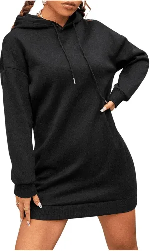 OYOANGLE Women's Drawstring Long Sleeve Drop Shoulder Hooded Dress Solid Casual Short Sweatshirt Dresses