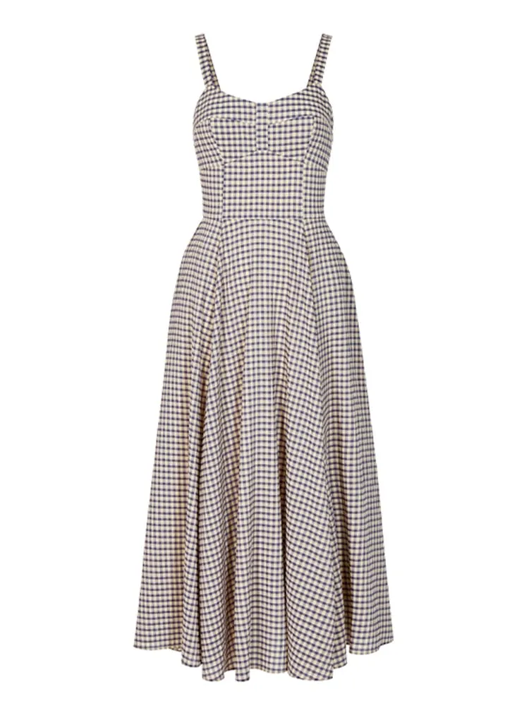 Patchwork Folds Plaid Dresses For Women Square Collar Sleeveless High Waist Slimming A Line Dress Female Fashion