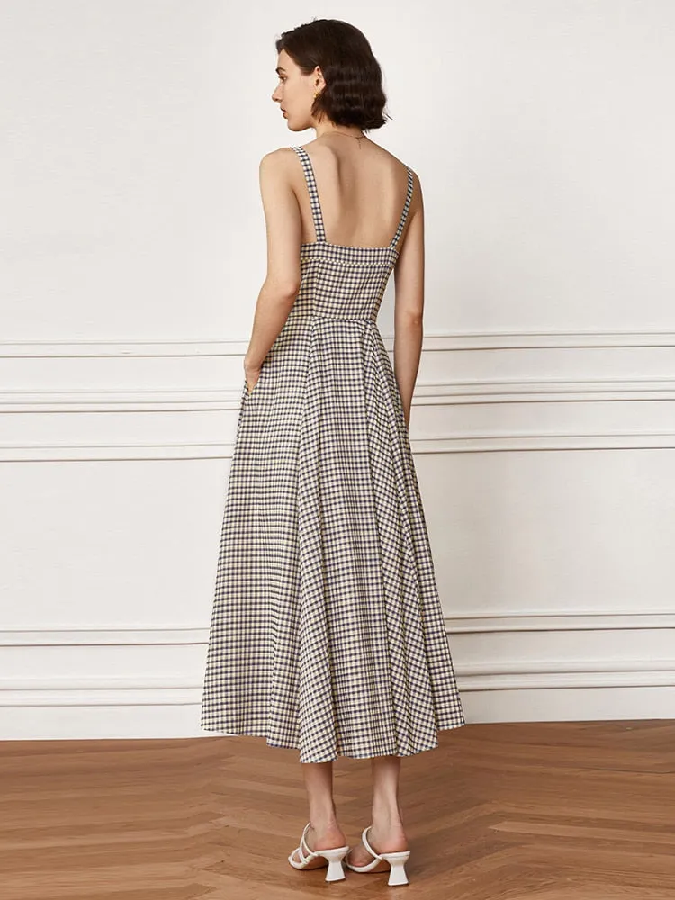 Patchwork Folds Plaid Dresses For Women Square Collar Sleeveless High Waist Slimming A Line Dress Female Fashion