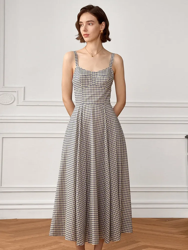Patchwork Folds Plaid Dresses For Women Square Collar Sleeveless High Waist Slimming A Line Dress Female Fashion