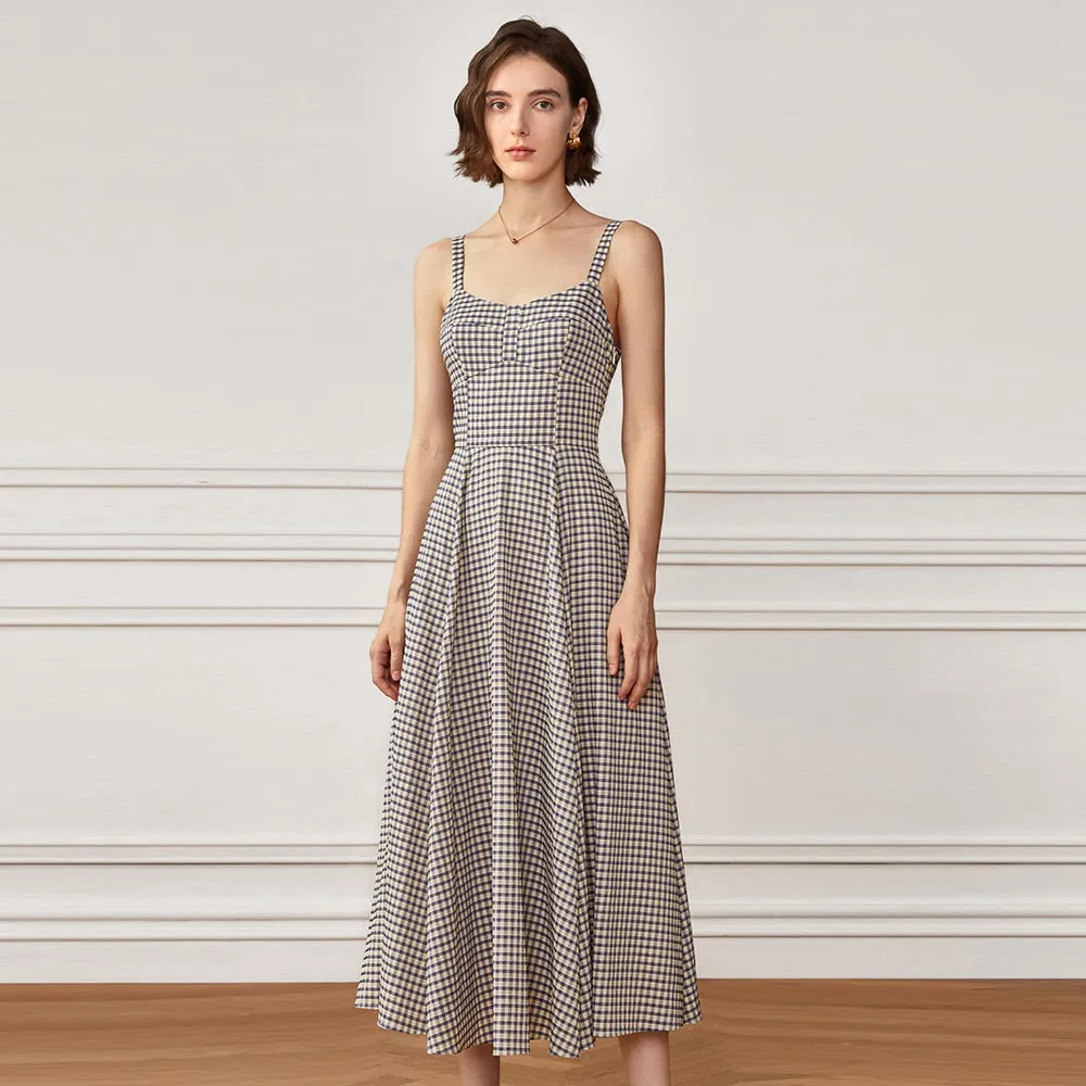 Patchwork Folds Plaid Dresses For Women Square Collar Sleeveless High Waist Slimming A Line Dress Female Fashion