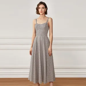 Patchwork Folds Plaid Dresses For Women Square Collar Sleeveless High Waist Slimming A Line Dress Female Fashion