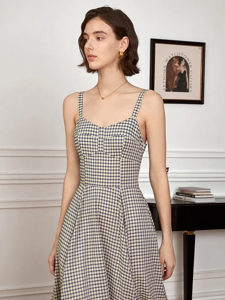 Patchwork Folds Plaid Dresses For Women Square Collar Sleeveless High Waist Slimming A Line Dress Female Fashion