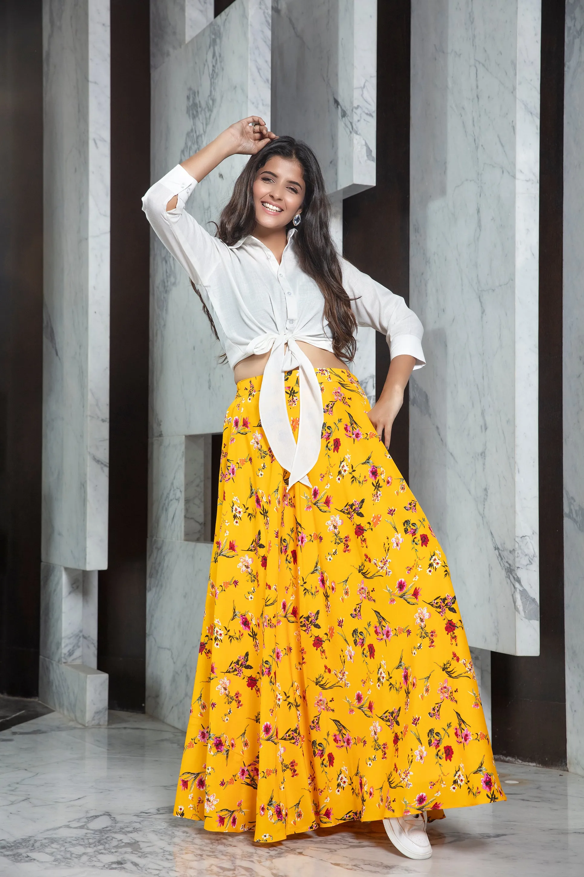 Readymade Yellow Printed Crepe Indo Western Skirt With White Shirt Top