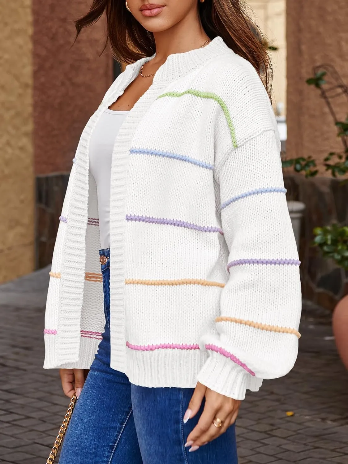 Saodimallsu Womens Color Block Cardigan Sweater Striped Open Front 2024 Fall Chunky Trendy Knit Loose Sweater Coats