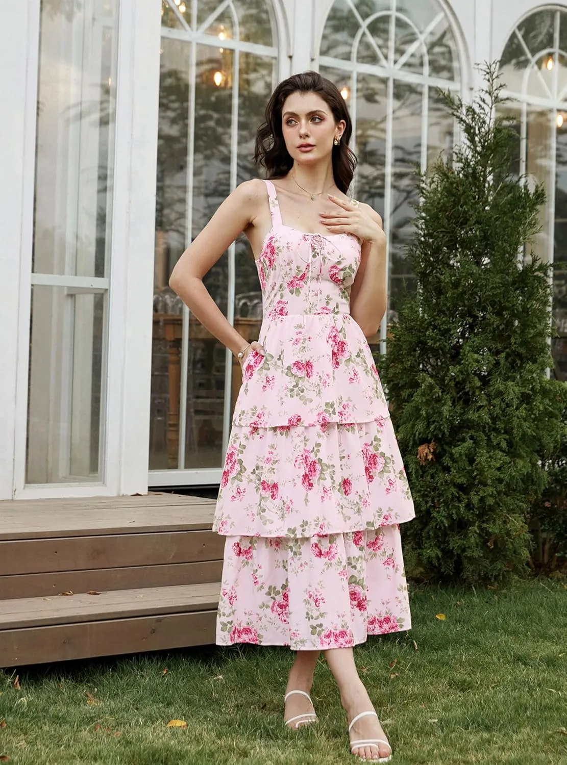 Scarlet Darkness Women's Floral Maxi Dress Summer Wedding Guest Dress Tiered Sleeveless Lace Up Corset Sundress
