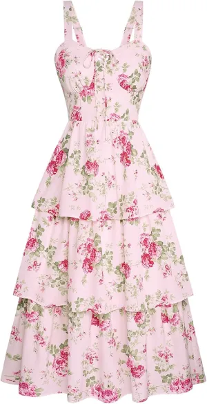 Scarlet Darkness Women's Floral Maxi Dress Summer Wedding Guest Dress Tiered Sleeveless Lace Up Corset Sundress