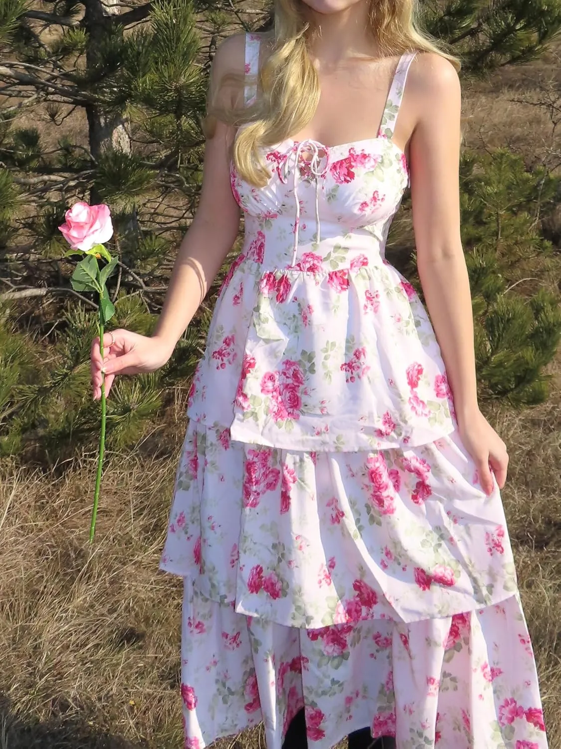 Scarlet Darkness Women's Floral Maxi Dress Summer Wedding Guest Dress Tiered Sleeveless Lace Up Corset Sundress