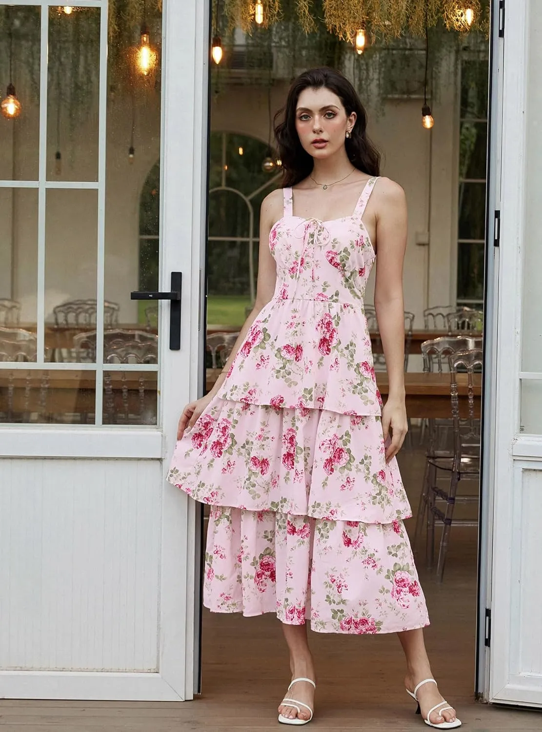 Scarlet Darkness Women's Floral Maxi Dress Summer Wedding Guest Dress Tiered Sleeveless Lace Up Corset Sundress