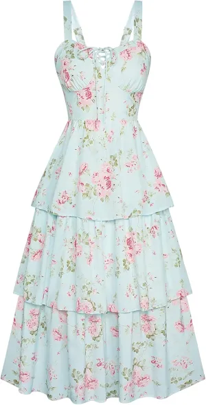 Scarlet Darkness Women's Floral Maxi Dress Summer Wedding Guest Dress Tiered Sleeveless Lace Up Corset Sundress