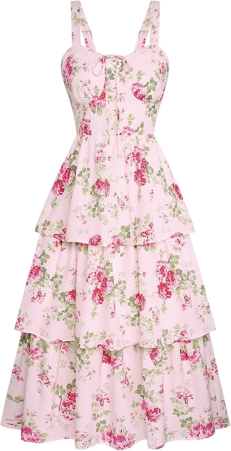 Scarlet Darkness Women's Floral Maxi Dress Summer Wedding Guest Dress Tiered Sleeveless Lace Up Corset Sundress