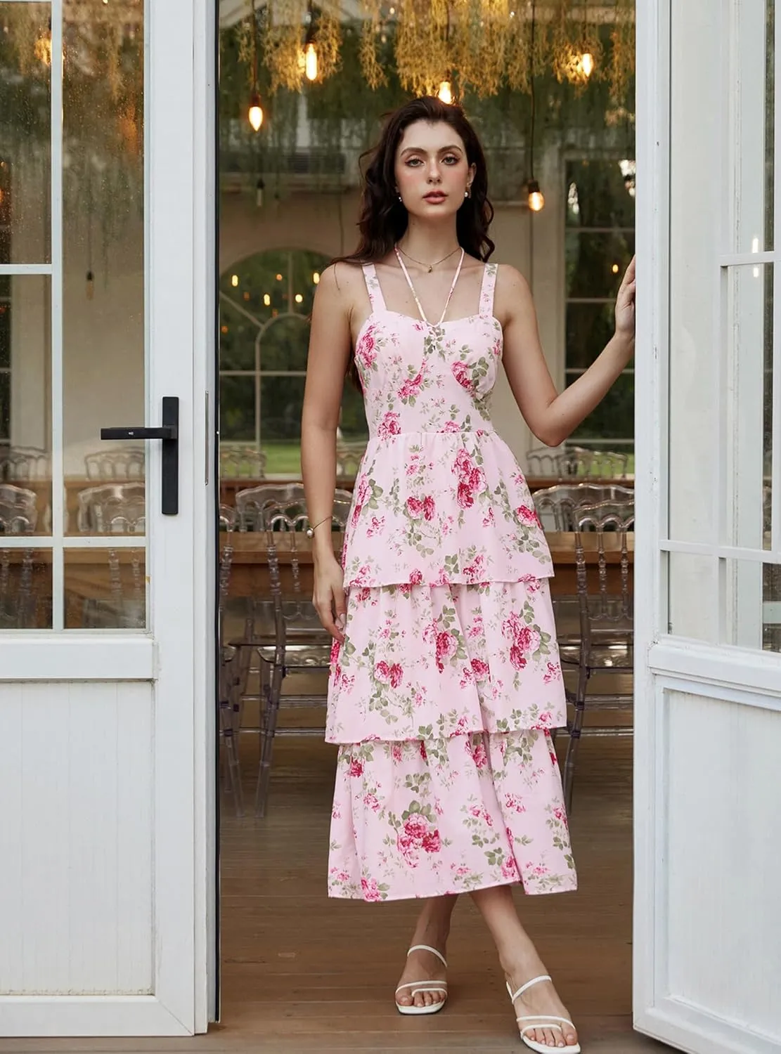 Scarlet Darkness Women's Floral Maxi Dress Summer Wedding Guest Dress Tiered Sleeveless Lace Up Corset Sundress