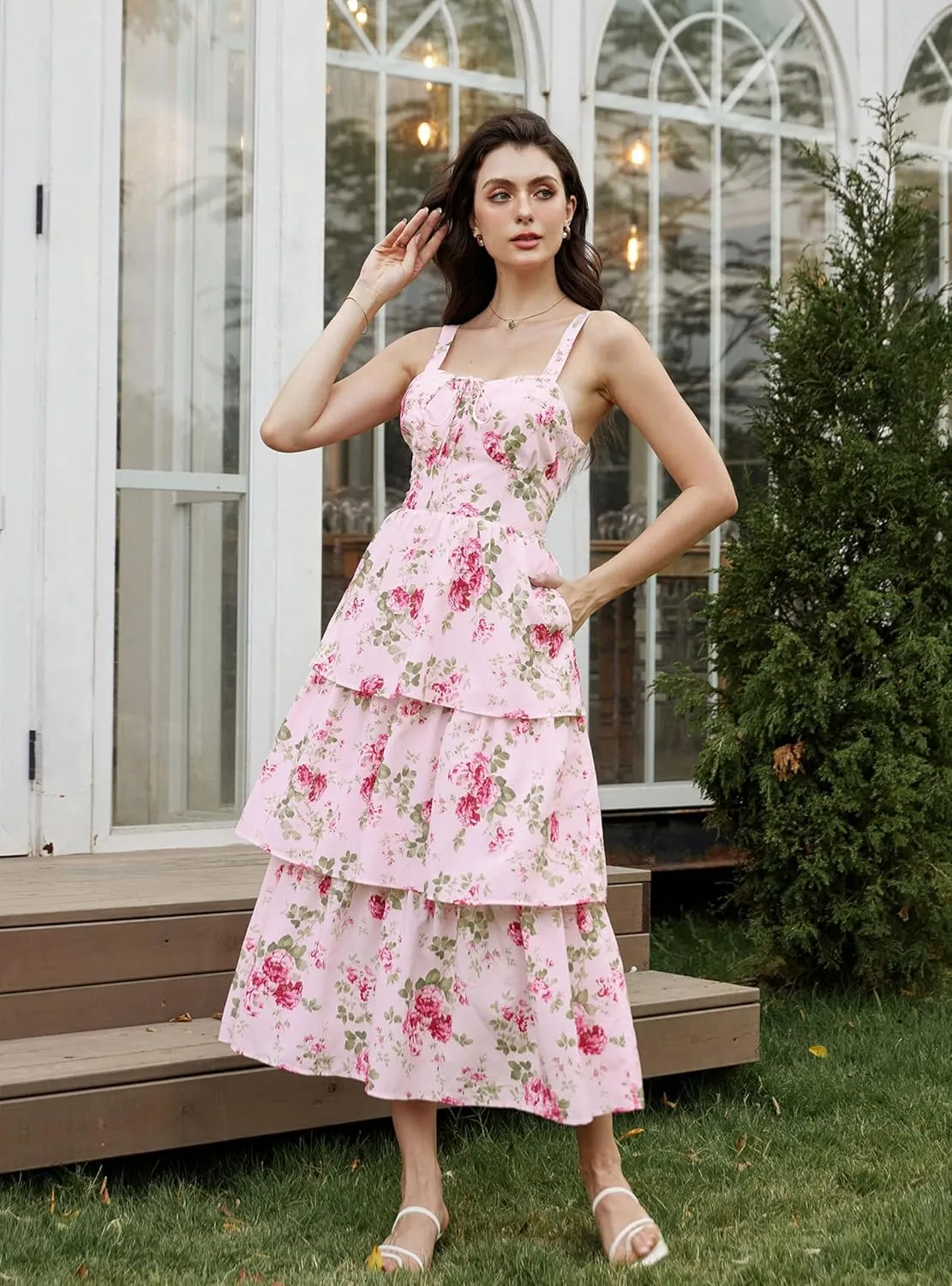 Scarlet Darkness Women's Floral Maxi Dress Summer Wedding Guest Dress Tiered Sleeveless Lace Up Corset Sundress