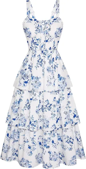 Scarlet Darkness Women's Floral Maxi Dress Summer Wedding Guest Dress Tiered Sleeveless Lace Up Corset Sundress