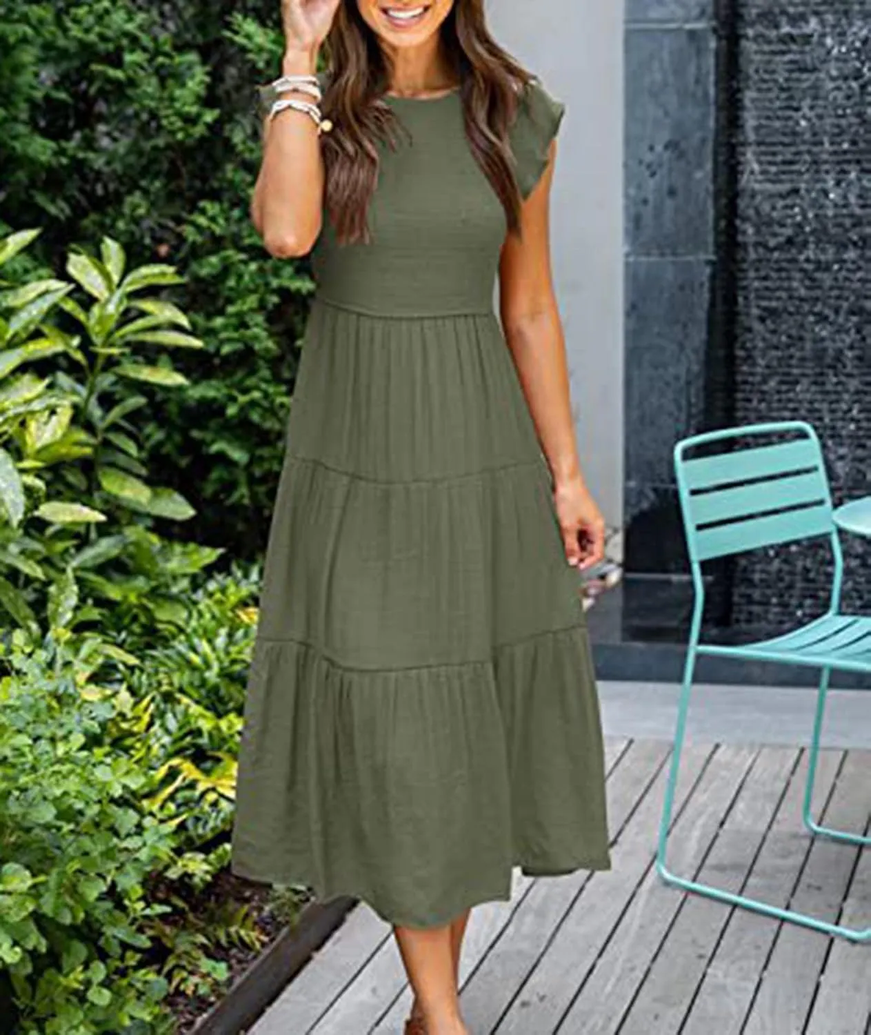 Sexyshine Women's Square Neck Halter Lace Up Criss Cross Maxi Dress Tie Back Sleeveless Smocked Ruched A Line Dress