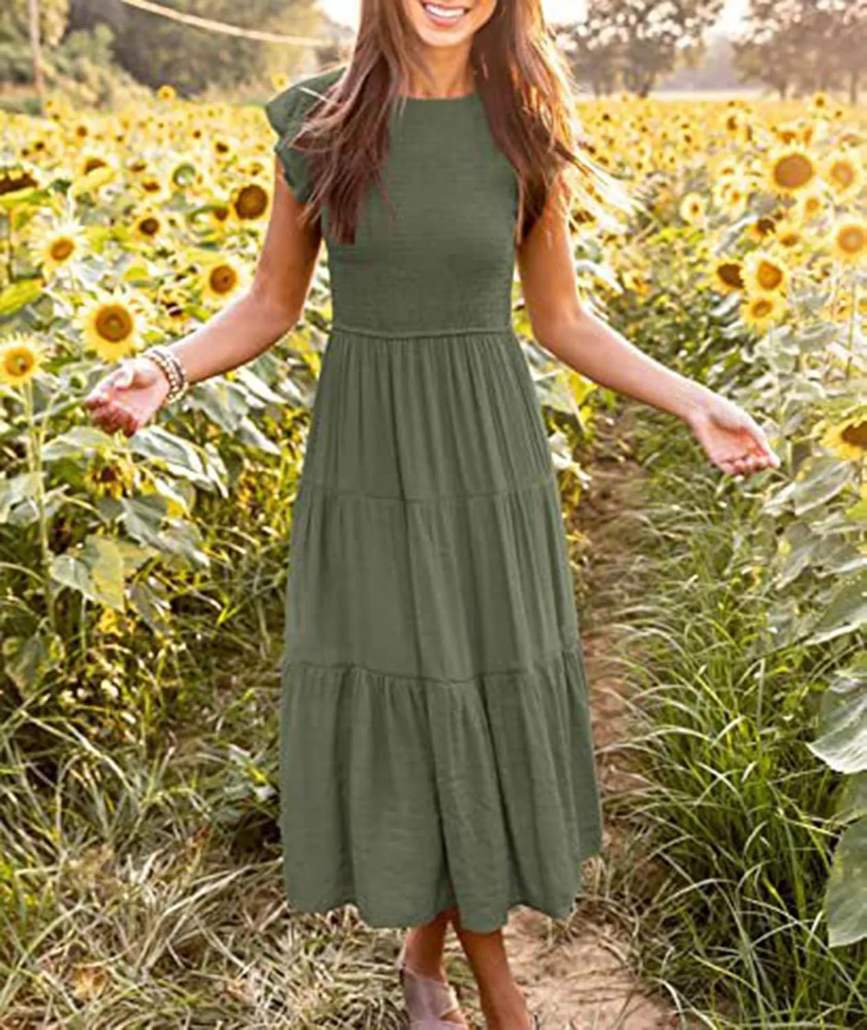 Sexyshine Women's Square Neck Halter Lace Up Criss Cross Maxi Dress Tie Back Sleeveless Smocked Ruched A Line Dress
