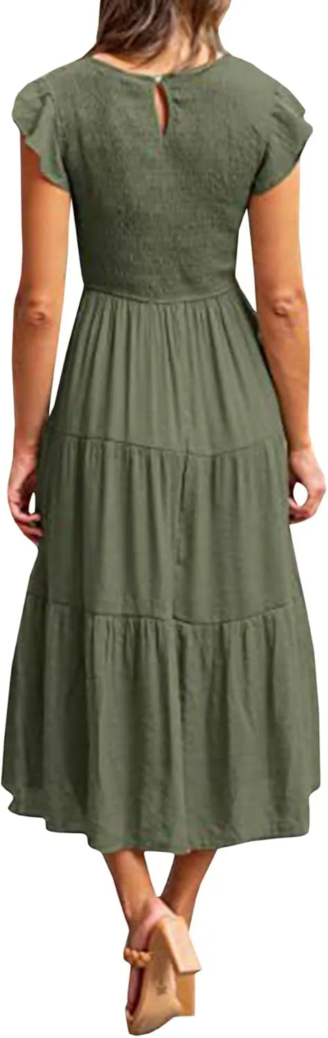 Sexyshine Women's Square Neck Halter Lace Up Criss Cross Maxi Dress Tie Back Sleeveless Smocked Ruched A Line Dress