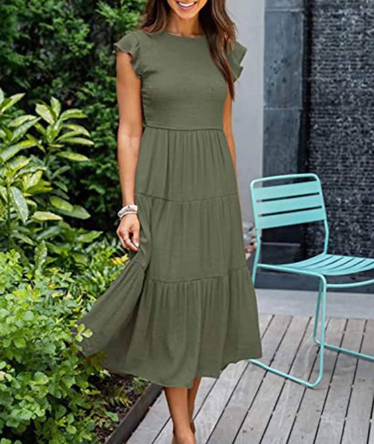 Sexyshine Women's Square Neck Halter Lace Up Criss Cross Maxi Dress Tie Back Sleeveless Smocked Ruched A Line Dress