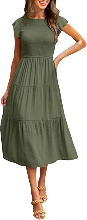 Sexyshine Women's Square Neck Halter Lace Up Criss Cross Maxi Dress Tie Back Sleeveless Smocked Ruched A Line Dress