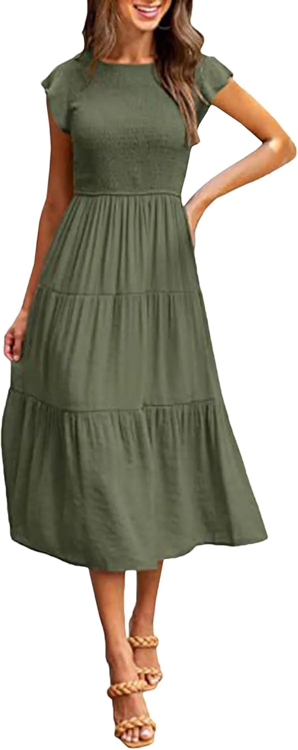 Sexyshine Women's Square Neck Halter Lace Up Criss Cross Maxi Dress Tie Back Sleeveless Smocked Ruched A Line Dress