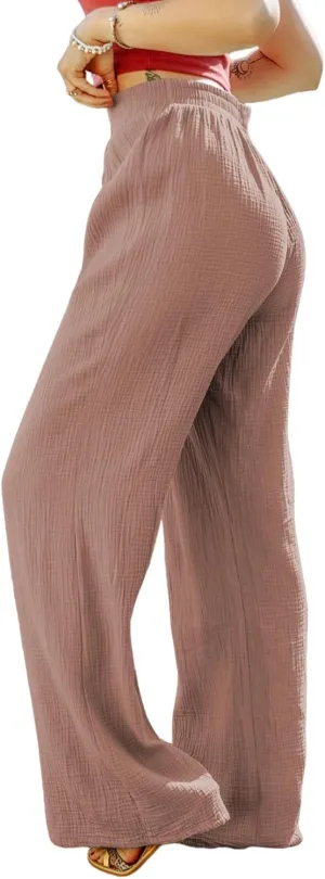 SHIPE Women Casual Linen Pants Drawstring Elastic Waist Loose Fit Wide Leg Pants S-2XL