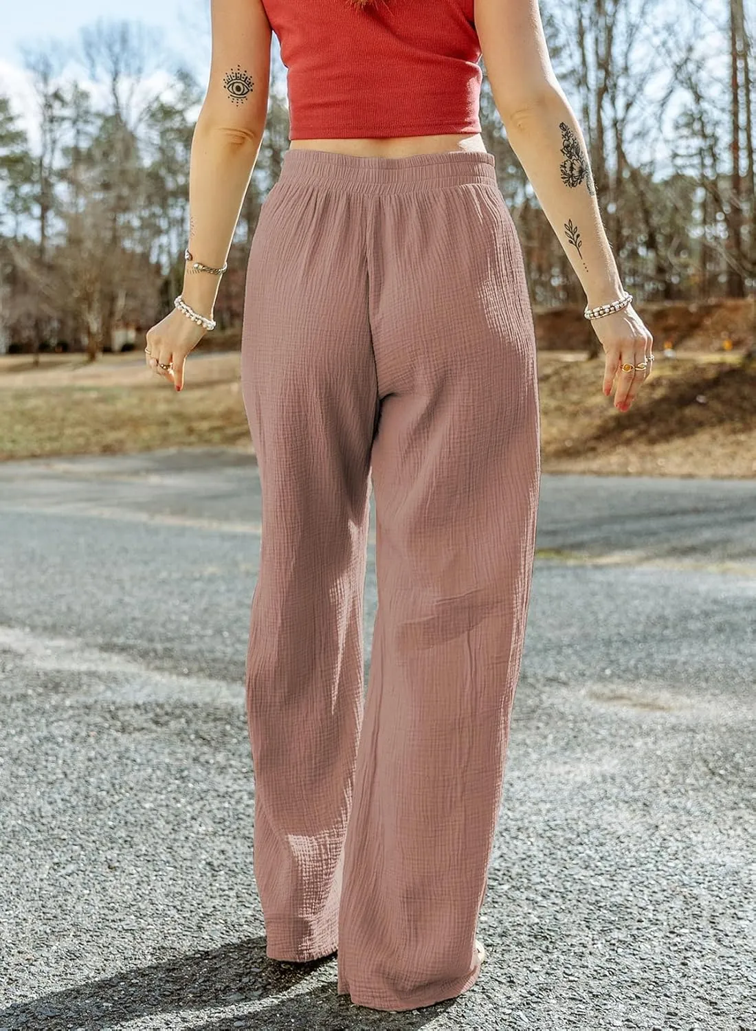 SHIPE Women Casual Linen Pants Drawstring Elastic Waist Loose Fit Wide Leg Pants S-2XL