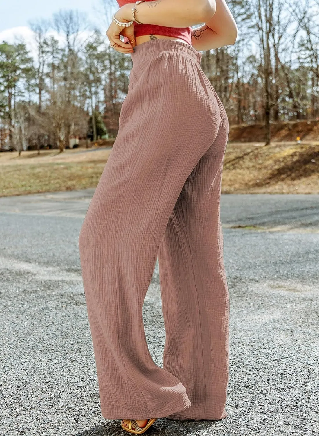 SHIPE Women Casual Linen Pants Drawstring Elastic Waist Loose Fit Wide Leg Pants S-2XL