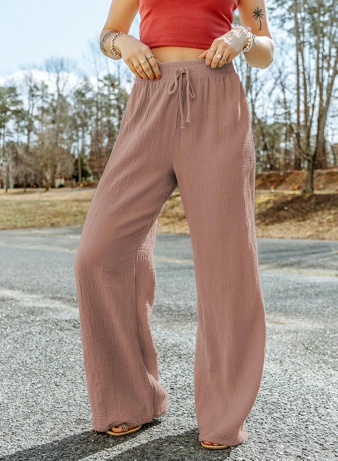 SHIPE Women Casual Linen Pants Drawstring Elastic Waist Loose Fit Wide Leg Pants S-2XL